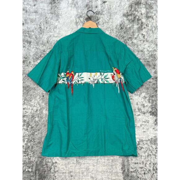 Paradise Found Green Short Sleeve Parrot Casual Button Shirt Size L Large - Picture 3 of 7